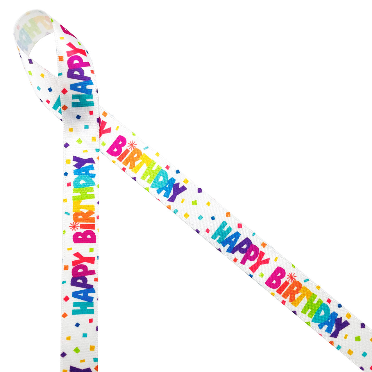 Birthday ribbon Happy Birthday in rainbow colors printed on 5/8" white satin,