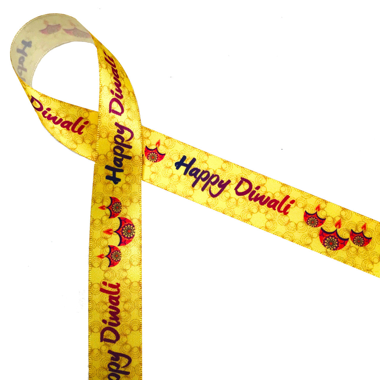 Happy Diwali ribbon with pink lamps on a yellow swirled background printed on7/8" white single face satin