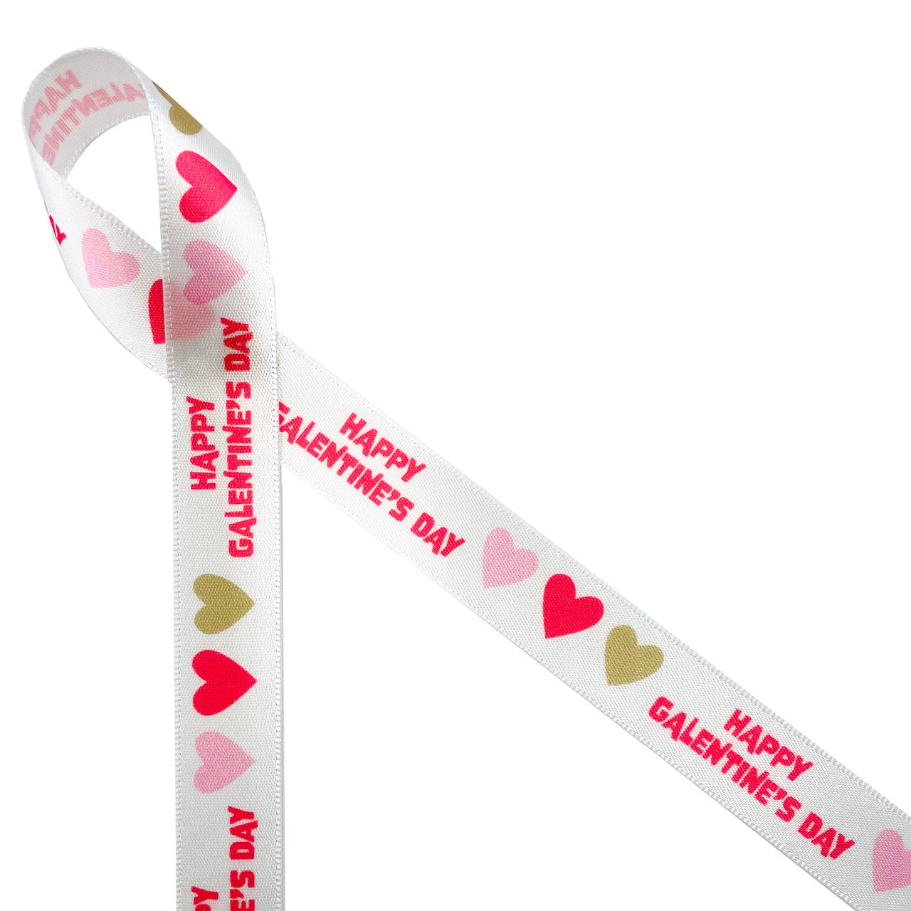 Happy Galentine's Day ribbon with hearts printed on 5/8" white single face satin
