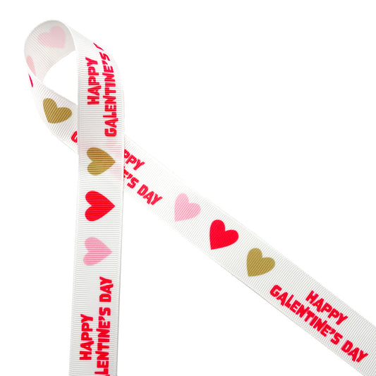 Happy Galentine's Day ribbon with hearts printed on 7/8" white grosgrain