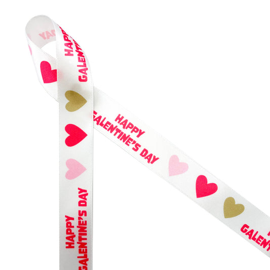 Happy Galentine's Day ribbon with hearts printed on 7/8" white single face satin