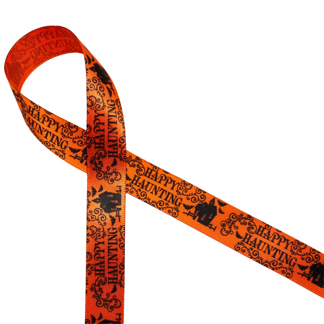 Happy Haunting ribbon with black print on 5/8" Torrid Orange single face satin