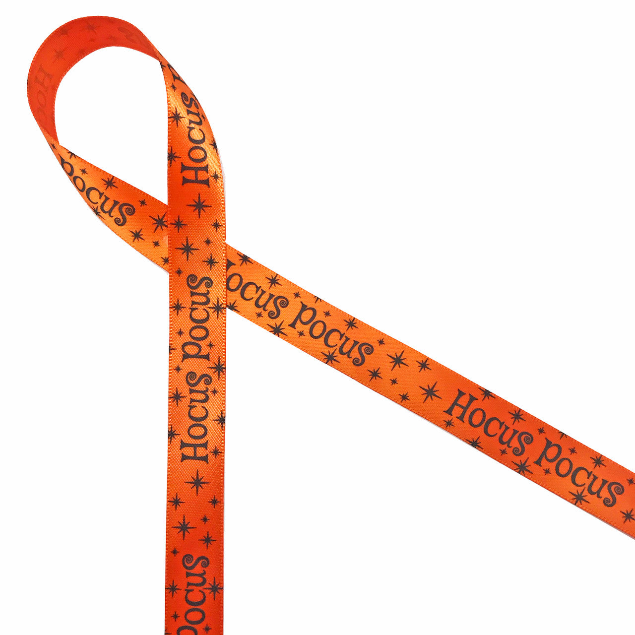 Hocus Pocus ribbon with black ink printed on 5/8" tangerine single face satin