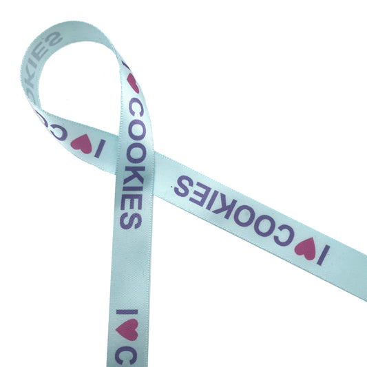 I (pink heart) Cookies Ribbon in purple with a light blue background on 5/8" white single face satin
