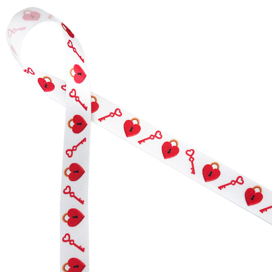 Lock and Key ribbon printed in red on 5/8" white single face satin