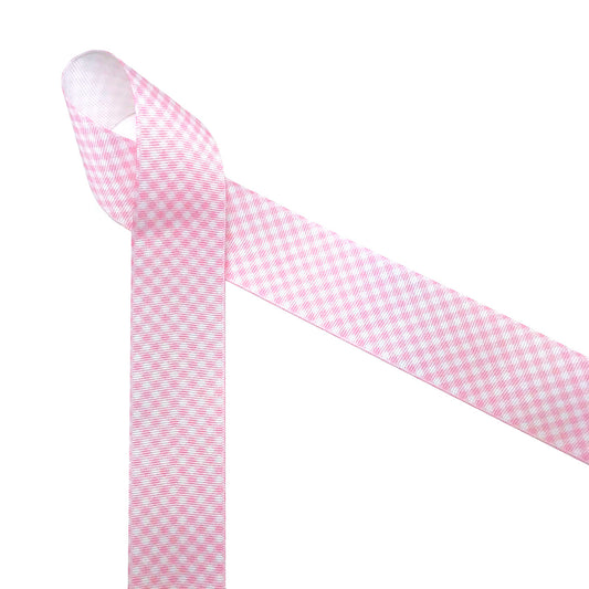 Gingham Check Ribbon in light baby pink and white on 1.5" White grosgrain