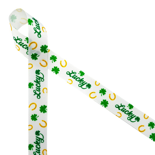 Lucky ribbon for St Patrick's Day  and Equestrian events with horse shoes and tossed shamrocks printed on 7/8" white grosgrain