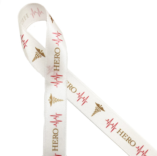 Medical heroes ribbon with heart beat and caduceus printed on 5/8" white single face satin