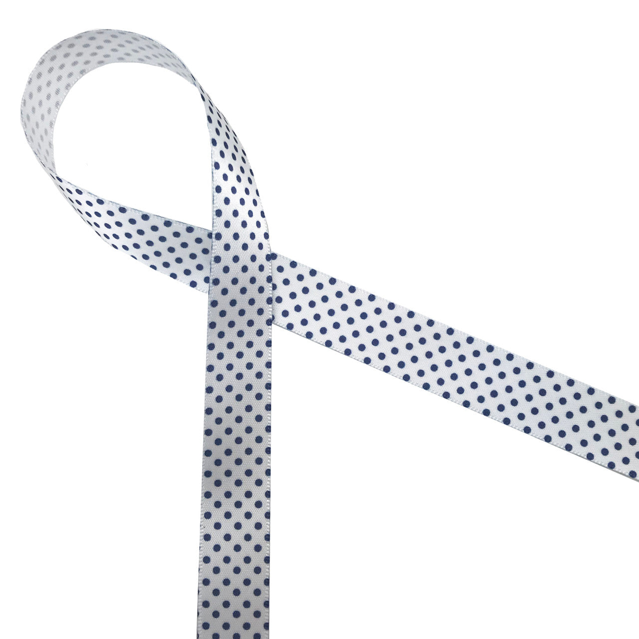 Navy Pin Dots ribbon on 5/8" white single face satin