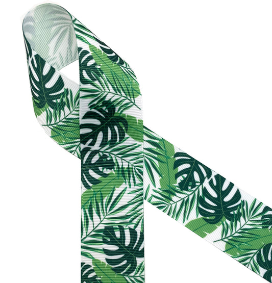 Palm Frond Ribbon tropical leaves printed on 1.5"  white grosgrain