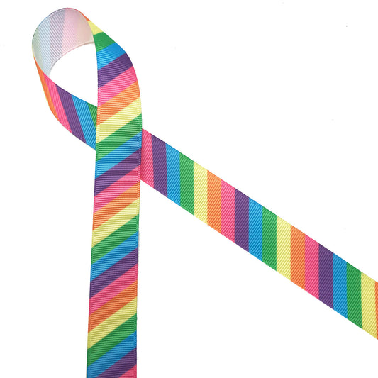 Pastel Rainbow stripes Ribbon on 7/8" white grosgrain