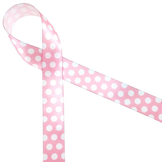 Pink ribbon with white polkadots on 7/8" white single face satin