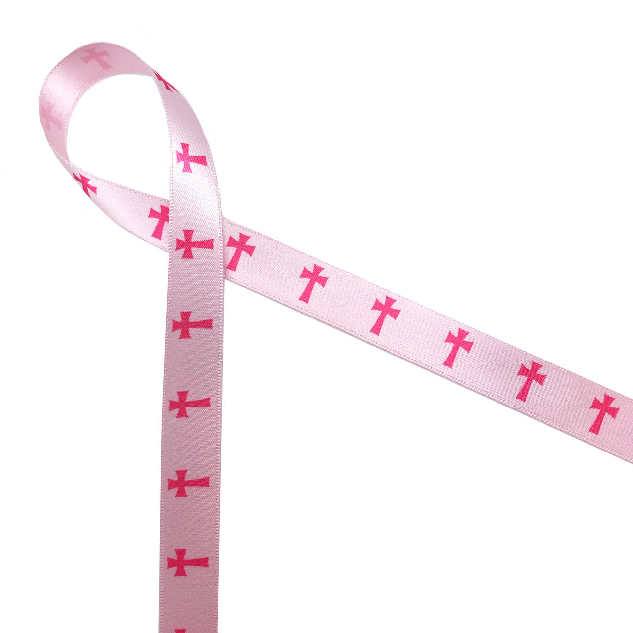 Pink Crosses  ribbon printed on 5/8" light pink single face satin