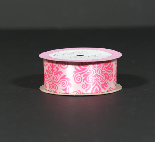 Damask Ribbon in hot pink  on 1.5" Light Pink Single Face Satin Ribbon