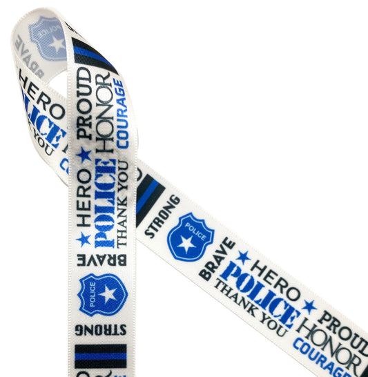 Police Word Block ribbon printed in black and blue on 7/8" white single face satin ribbon