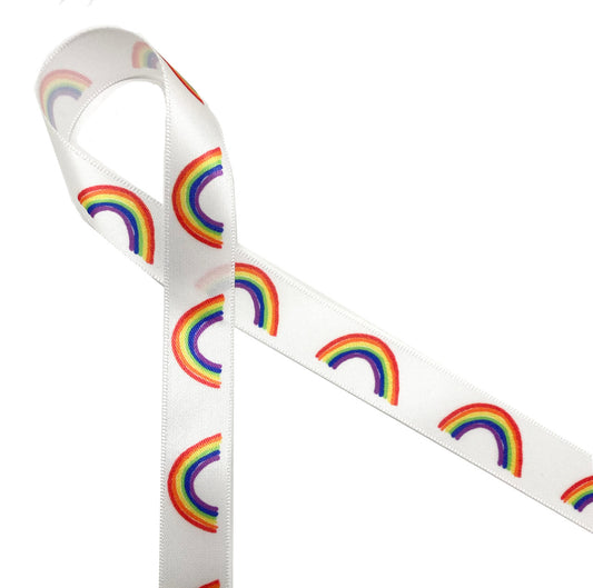 Rainbows ribbon printed on 5/8" white single face satin