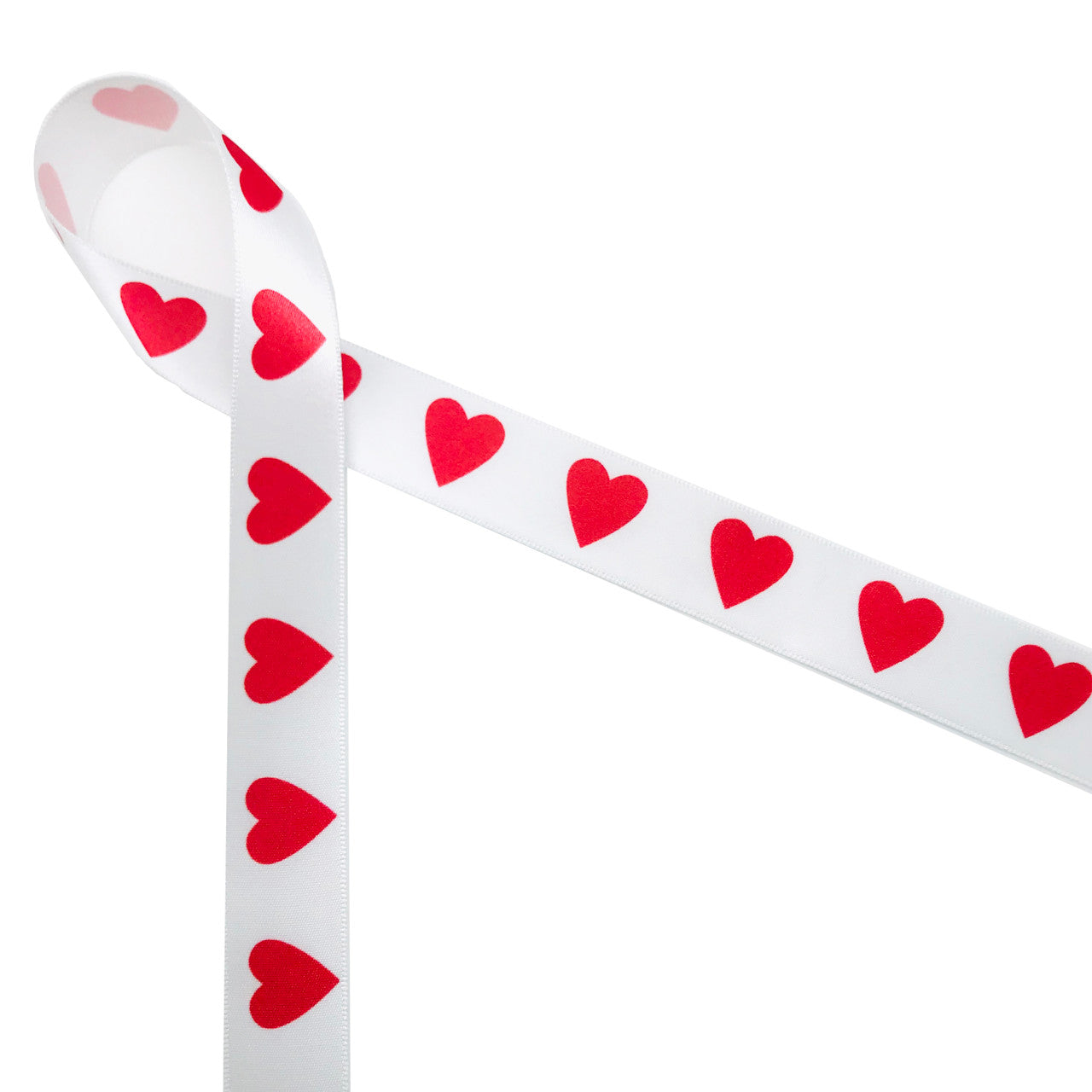 Hearts in a Row Ribbon Red on 7/8" white single face satin ribbon