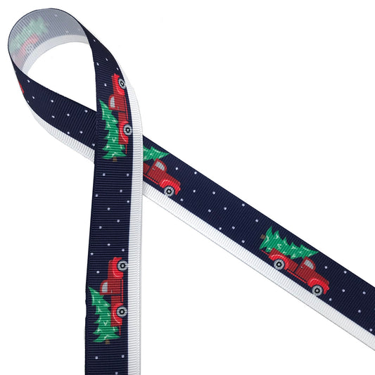 Red truck ribbon printed with a navy background  on 7/8"  white grosgrain