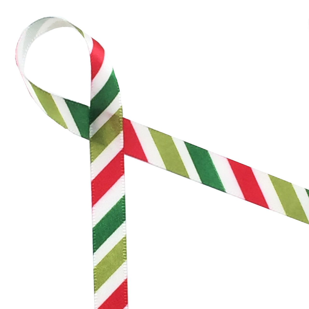 Christmas Stripes Ribbon of Red, Green, Lime on 3/8" white Single face Satin