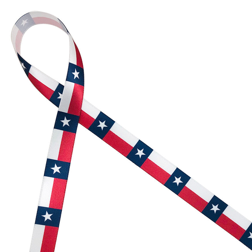 Texas Flag ribbon with a white star in blue and a red stripe printed on 5/8" white single face satin