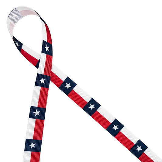Texas Flag ribbon with a white star in blue and a red stripe printed on 5/8" white grosgrain