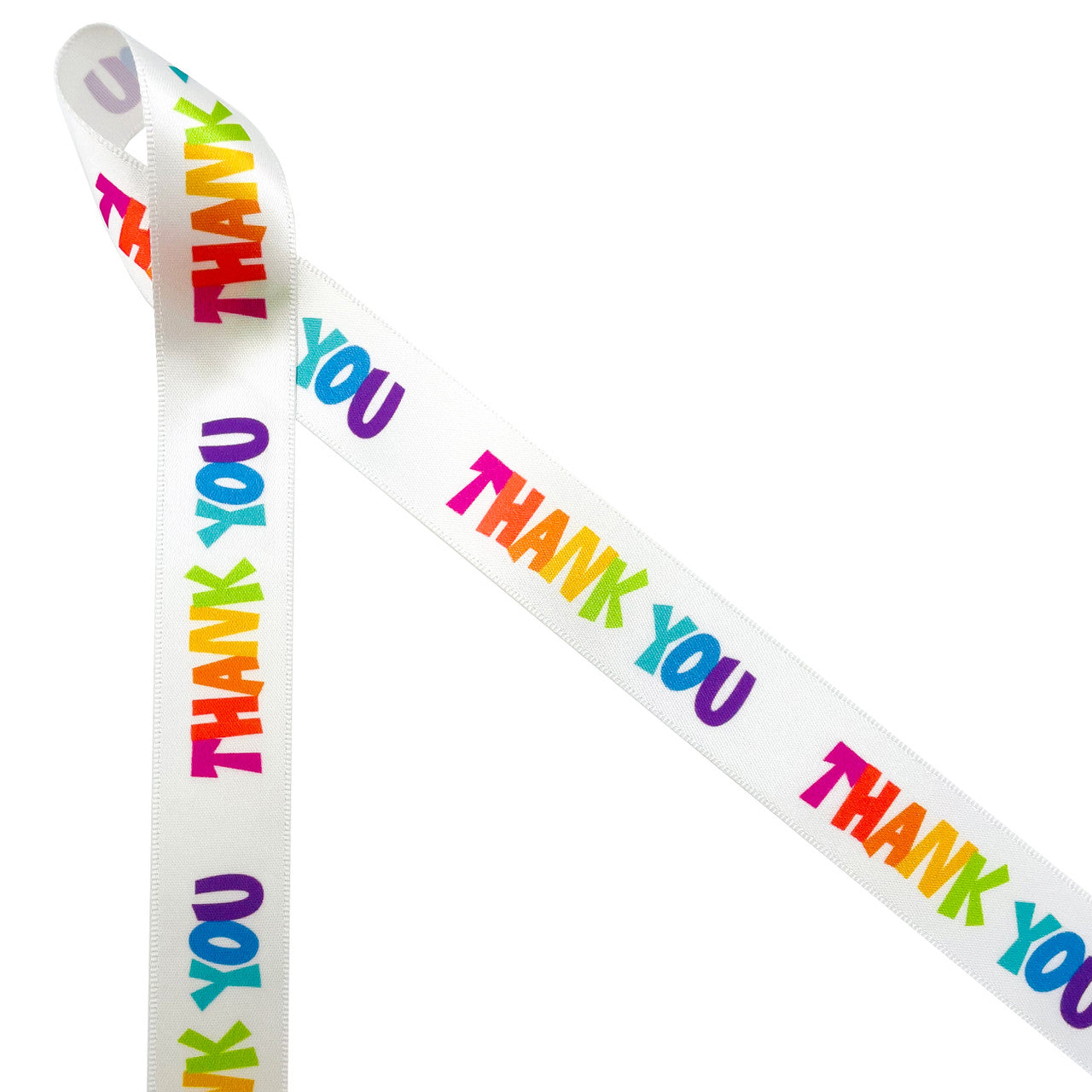 Thank you ribbon with bold font in rainbow colors printed on 7/8" white single face satin is a wonderful way to express your appreciation in so many ways. This is a great ribbon for teacher gifts, donor gifts, volunteer appreciation gifts, and coaches gifts. Use this ribbon for table decor, floral design, party favors, cookies, candy and cake pops. This is a fun craft ribbon, sewing and quilting ribbon too! All our ribbons are designed and printed in the USA