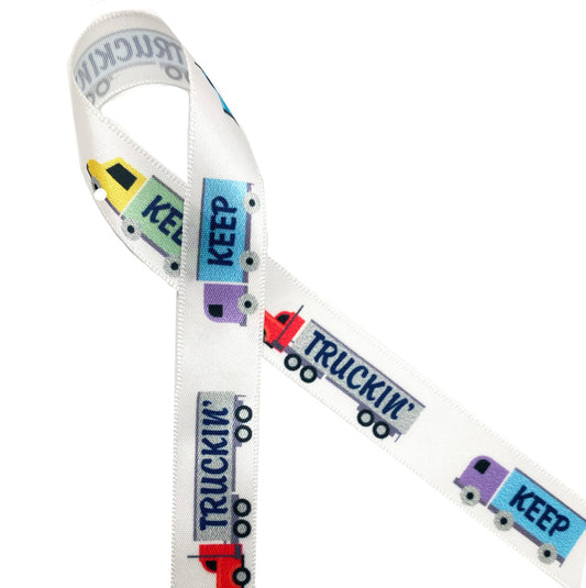 Truck ribbon featuring box truck and semi trailersprinted on 5/8" white satin