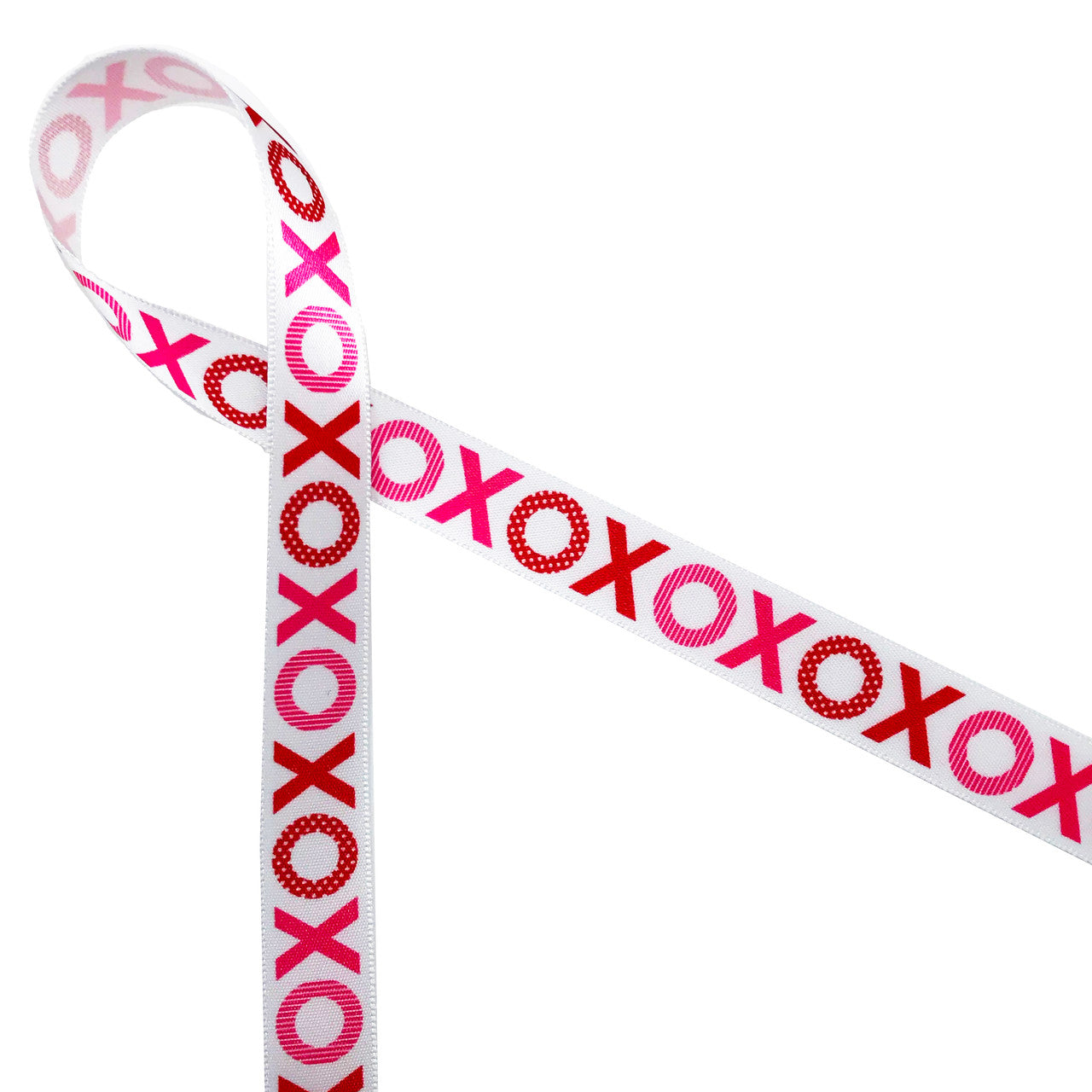 Valentine Hugs and Kisses ribbon X's and O's in pink and red printed on 5/8" white single face satin