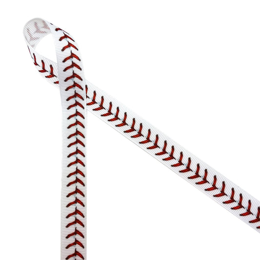 Baseball ribbon red stitches  printed on 5/8" white grosgrain
