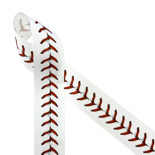 Baseball ribbon red stitches printed on 1.5" white grosgrain