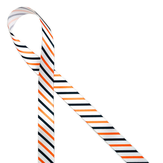 Halloween striped ribbon in orange, black and white printed on 7/8" white single face satin