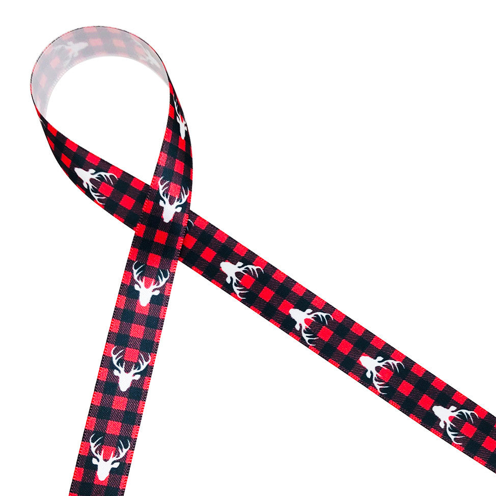 Buffalo Plaid in red and black with a white deer head printed on 5/8 ...