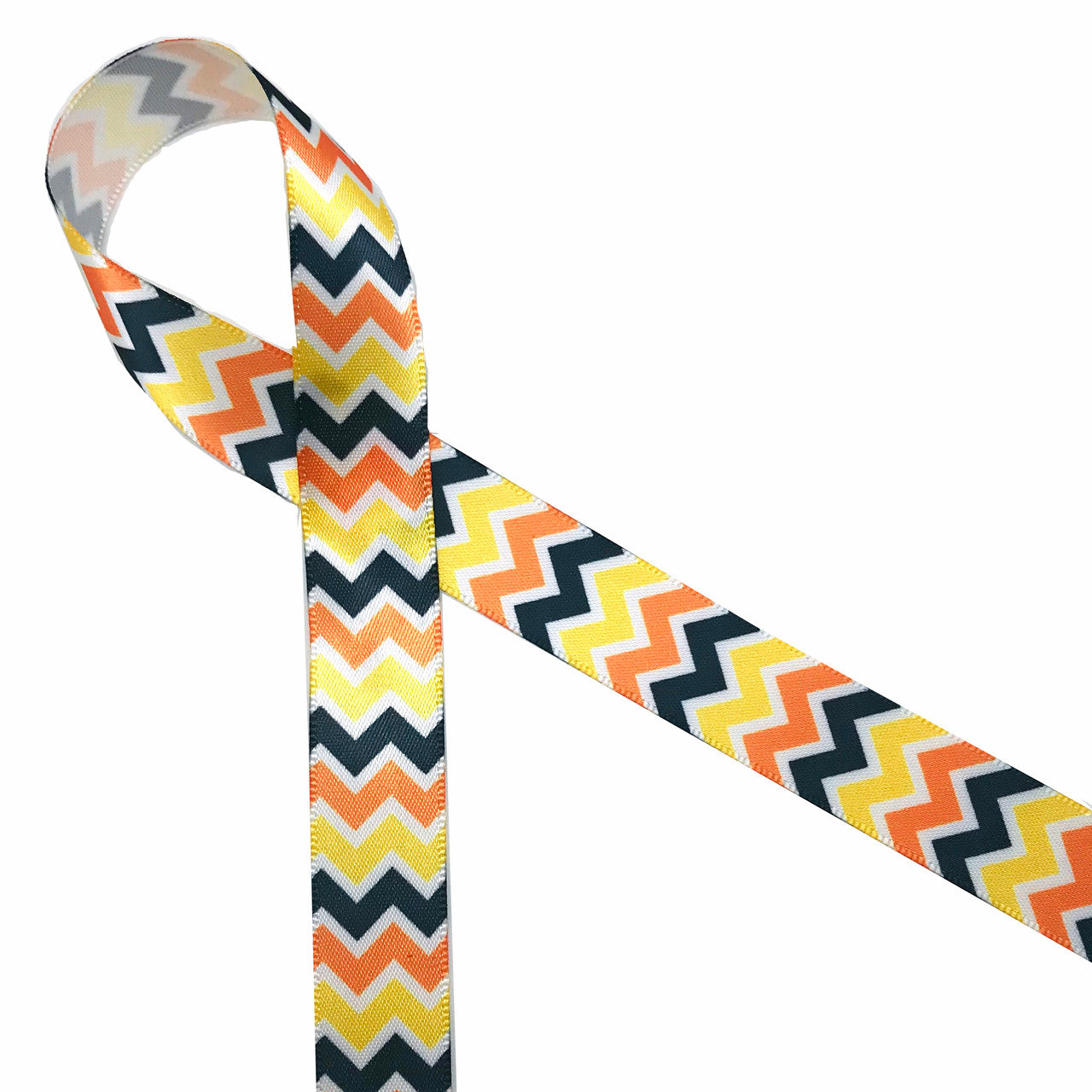 Fall Chevron ribbon in orange, black and yellow printed on 5/8" white single face satin