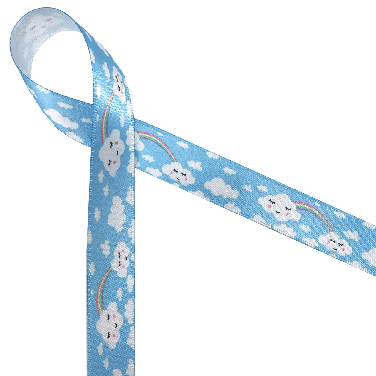 Clouds and rainbows ribbon with a blue background printed on 5/8" white single face satin