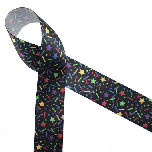 Confetti Ribbon on a black background printed on  1.5" White single face satin