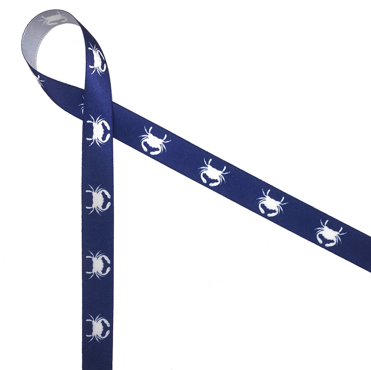 Crabs Ribbon on a Navy Background on White 5/8" Single Face Satin Ribbon