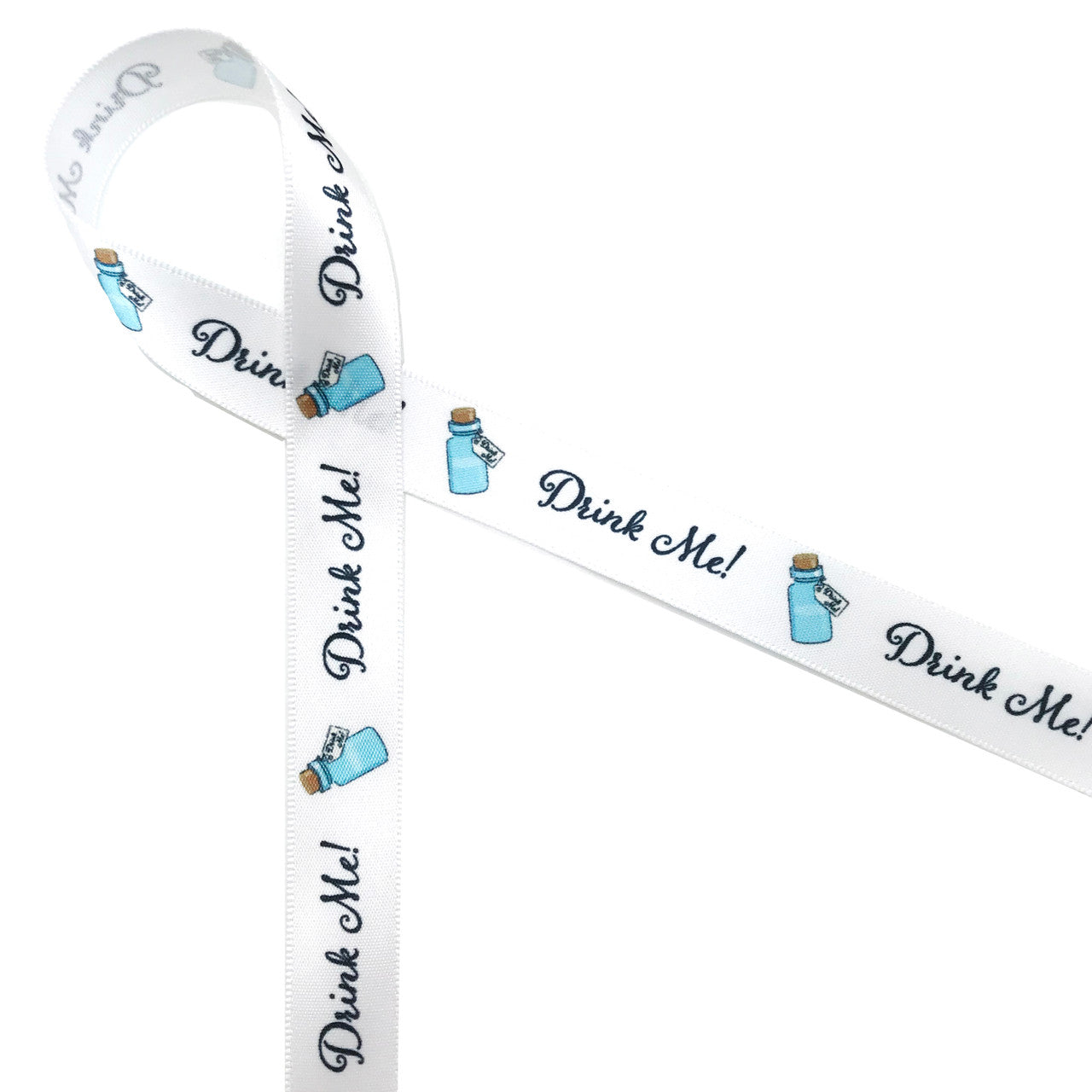 Alice in Wonderland iconic blue "Drink Me" bottle with black text printed on 5/8" white single face satin ribbon is ideal for Alice themed parties, showers, tea parties, events, and theater productions. This is the perfect ribbon for favors, gifts, gift wrap, swag bags, sweets and treats! Be sure to have this ribbon on hand for all the Alice fans in your life. Our ribbon is designed and printed in the USA