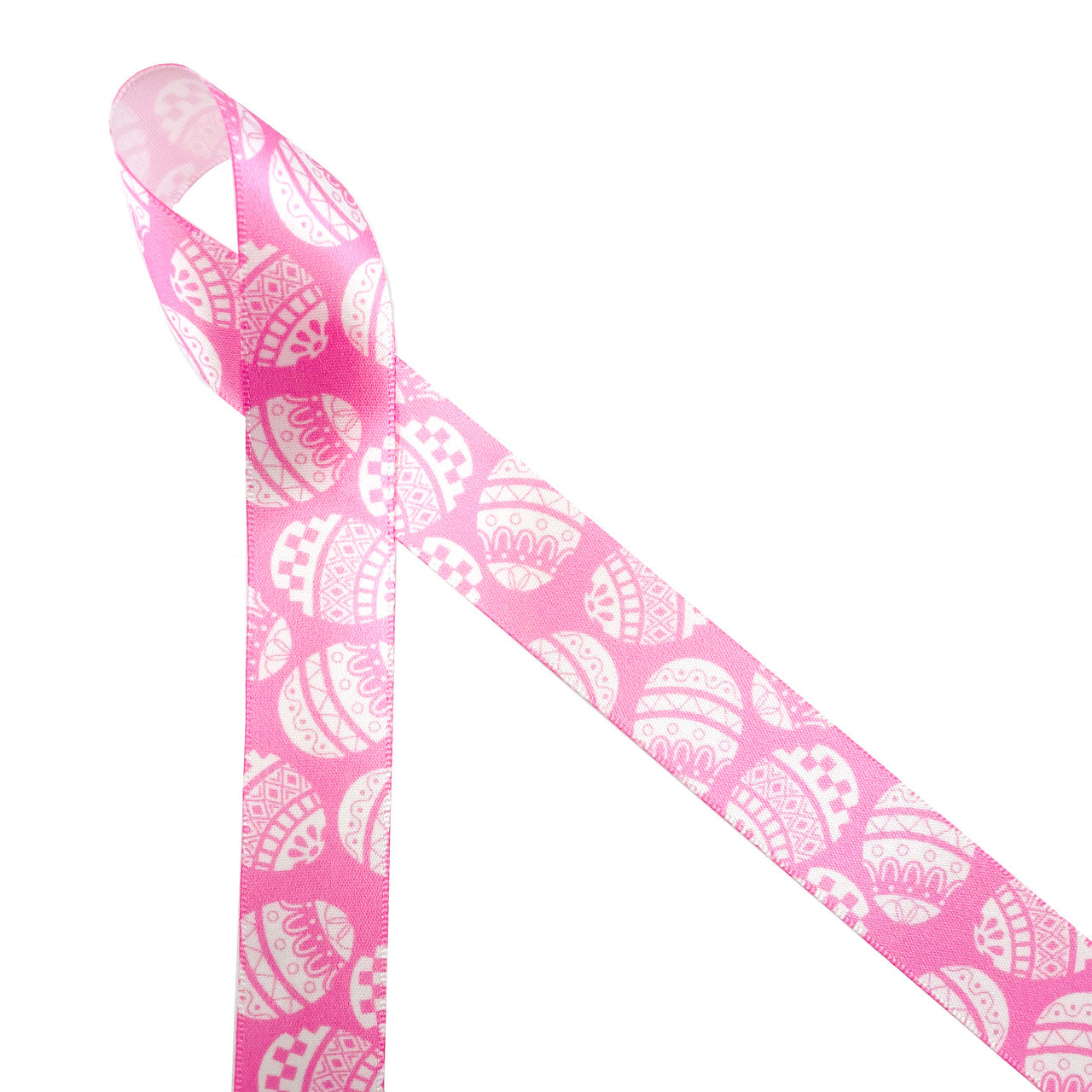 Easter Egg Ribbon stencil print in white with pink background printed on 7/8" white satin,