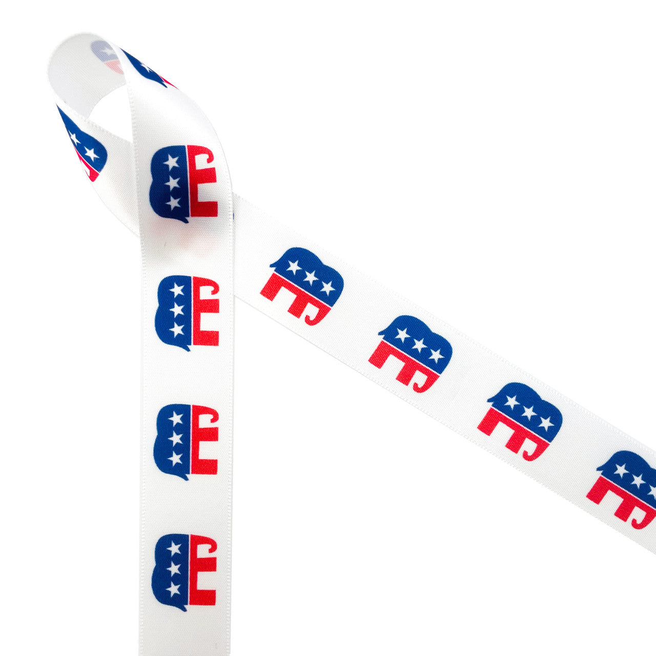 Republican Elephant ribbon in red and blue with stars printed on 7/8" white single face satin is the ideal ribbon for election season events. This ribbon is perfect for Democratic fundraisers, rallies, conventions and parties. Use this ribbon for lapel pins, gift wrap, gift baskets, table decor, floral design, crafts, sewing and quilting projects. This ribbon is great for hair bows, head bands and fascinators too. All our ribbon is designed and printed in the USA