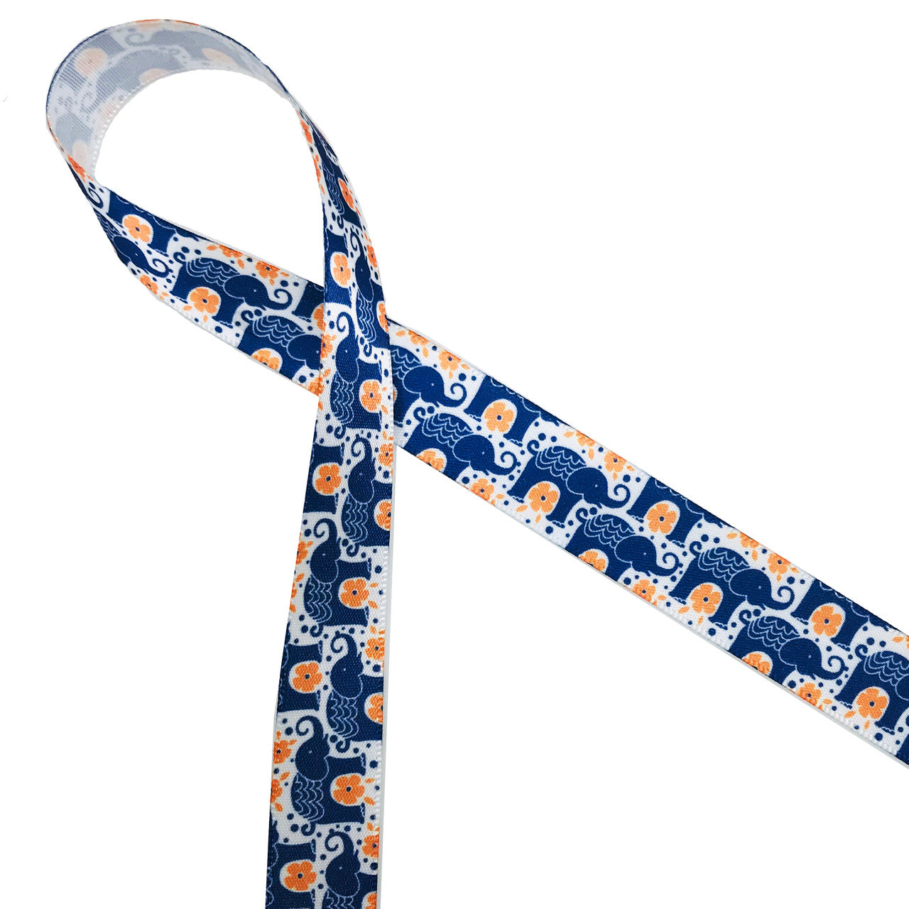 Elephants and flowers ribbon in blue and orange printed on  5/8" white single face satin