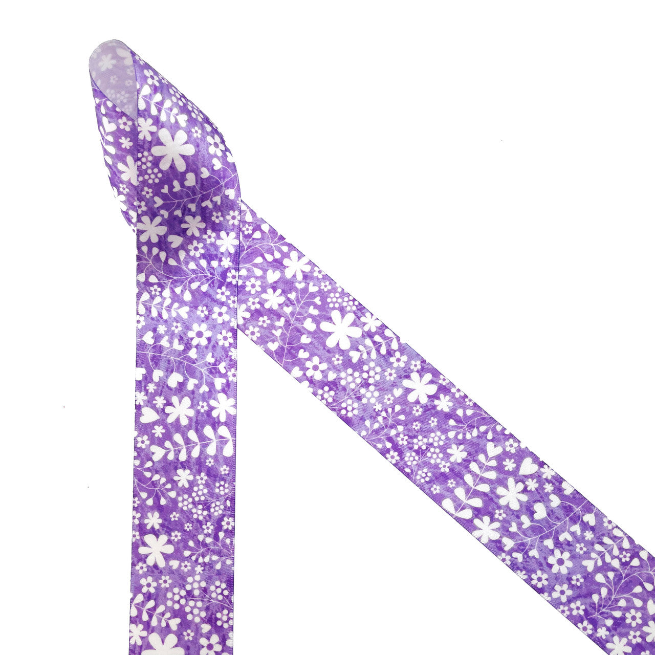 Spring floral print in white stencil on a lavender background printed on 1.5" white satin
