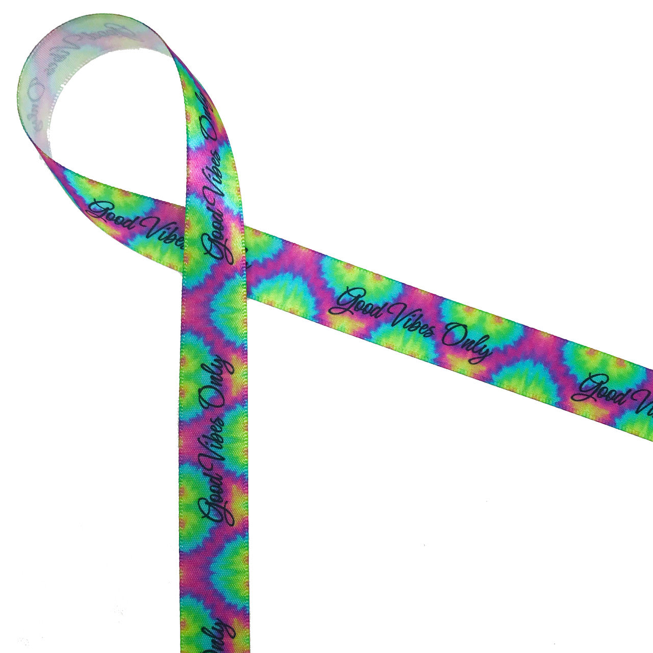 Tie Dye with Good Vibes on 5/8" white single face satin
