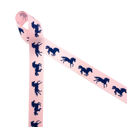 Equestrian ribbon horse running in navy printed on 7/8" pink grosgrain