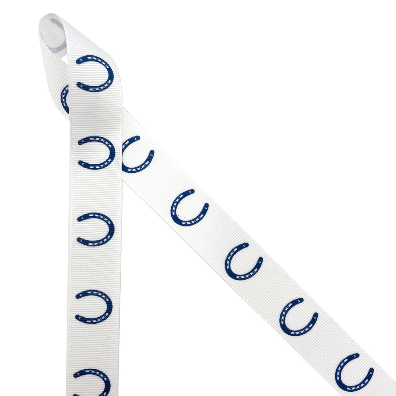 Horse shoes in navy blue lined up on 7/8" white grosgrain ribbon, 10 yards