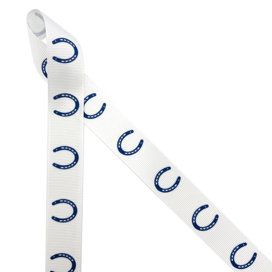 Equestrian ribbon horse shoes in a row in navy blue printed on  7/8" white grosgrain,