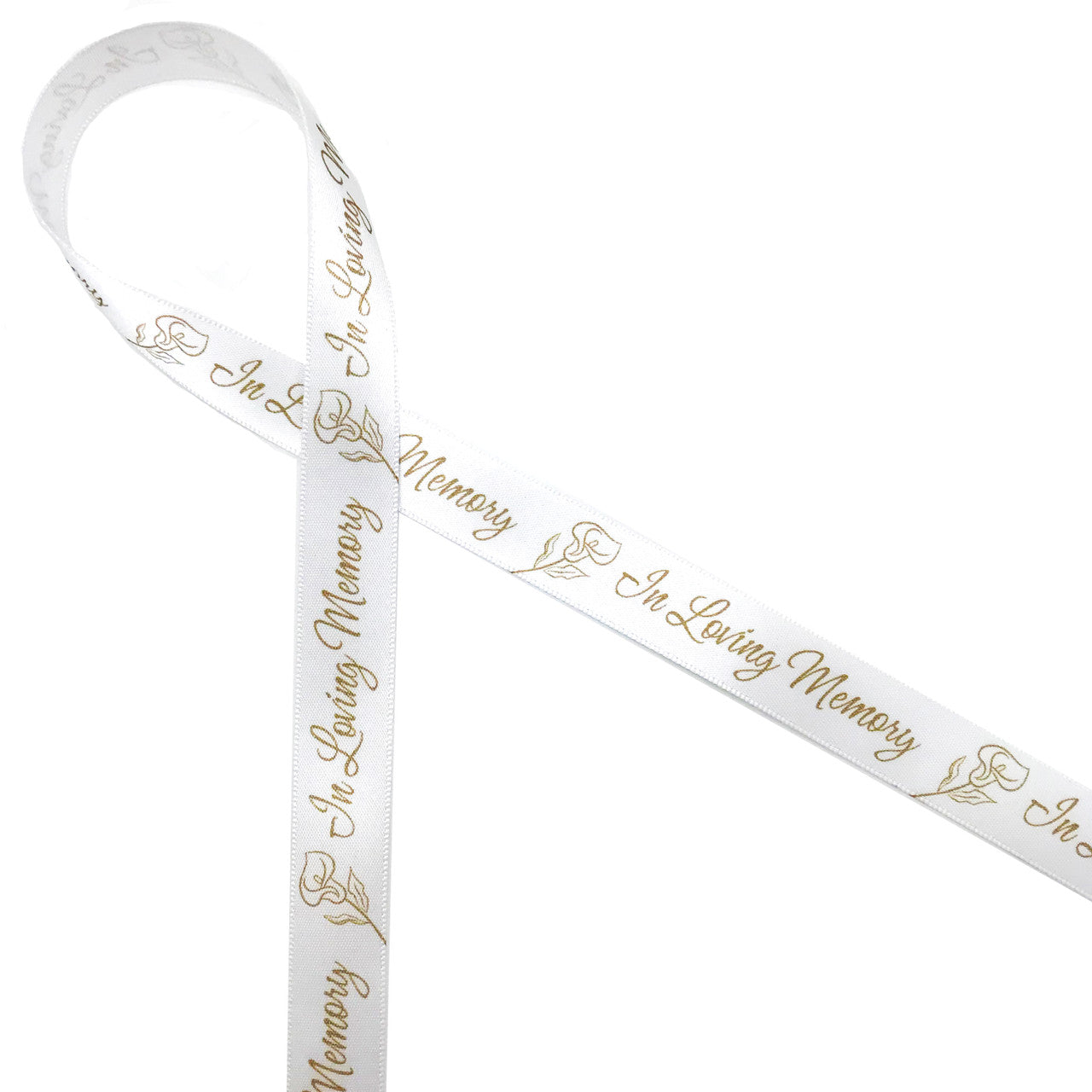 Memorial Ribbon In Loving Memory in gold or silver font printed on 5/8" white single face satin