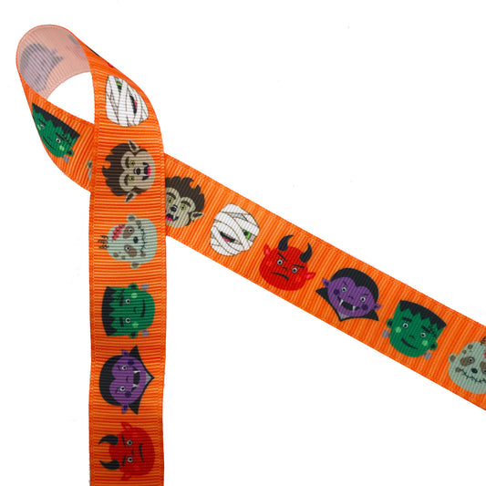 Monsters ribbon printed with an orange background on 7/8" white grosgrain ribbon