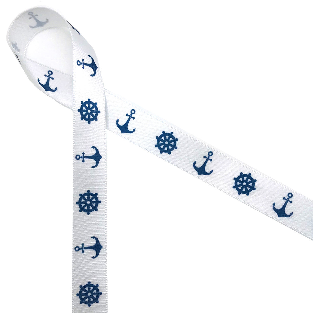 Anchors and Ship Wheels ribbon in navy blue printed on 5/8" white single face satin