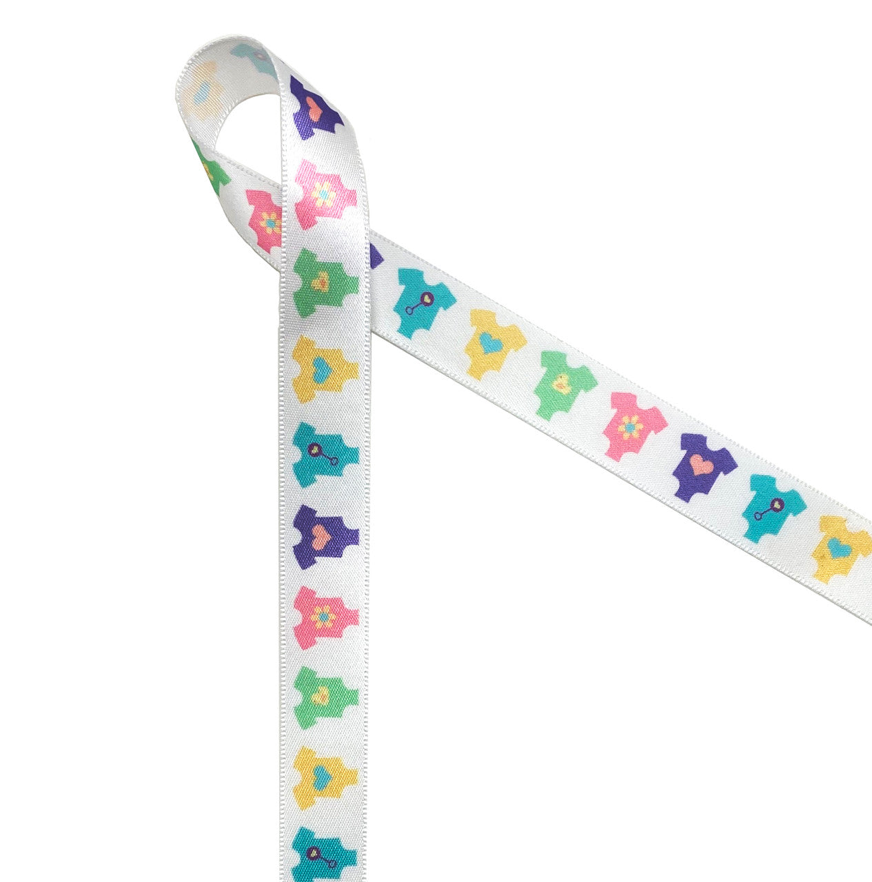 Onesies Ribbon, Baby design in pastel colors on 5/8" white single face satin