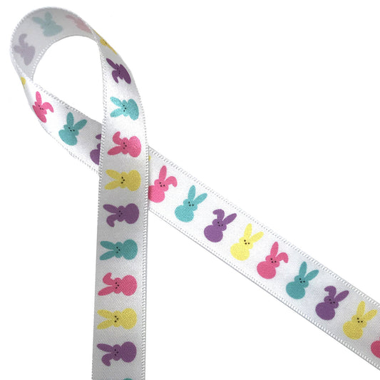Easter ribbon peeps bunnies for Easter baskets, gift wrap, favors, candy shops, chocolatiers printed on 5/8" white satin
